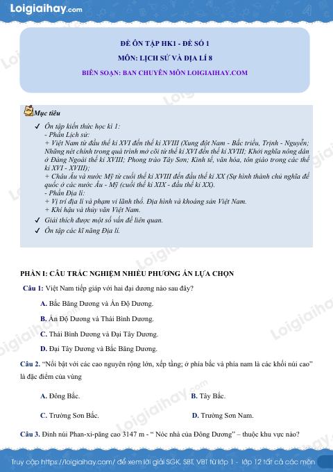 Đề kiểm tra học kì 1 Lịch sử và Địa lí 8 - Đề số 1